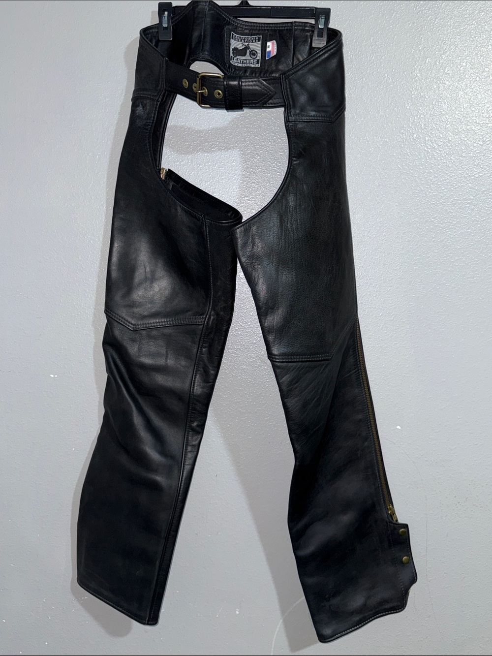 California Creations Black Leather Motorcycle Chaps - Classic Logo